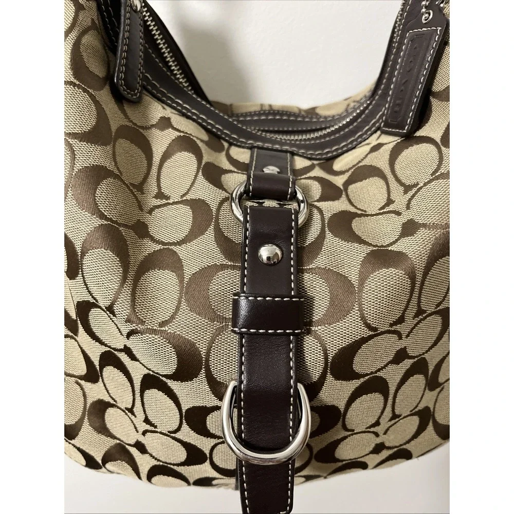 Coach Shoulder Bag Xbody Signature Chelsea Khaki Brown Jacquard Leather Silver